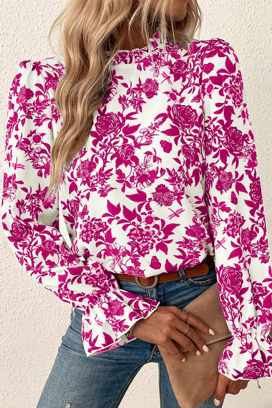 Diane- Floral Print Flounce Sleeve Keyhole Back Blouse