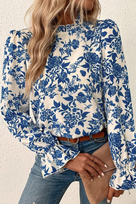 Diane- Floral Print Flounce Sleeve Keyhole Back Blouse