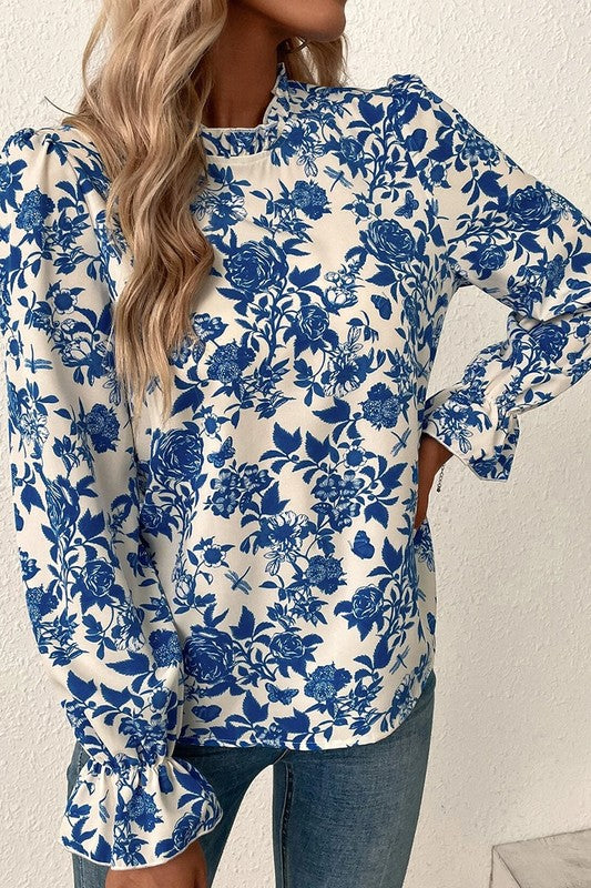 Diane- Floral Print Flounce Sleeve Keyhole Back Blouse