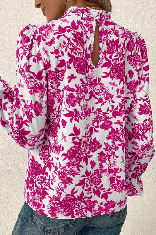 Diane- Floral Print Flounce Sleeve Keyhole Back Blouse