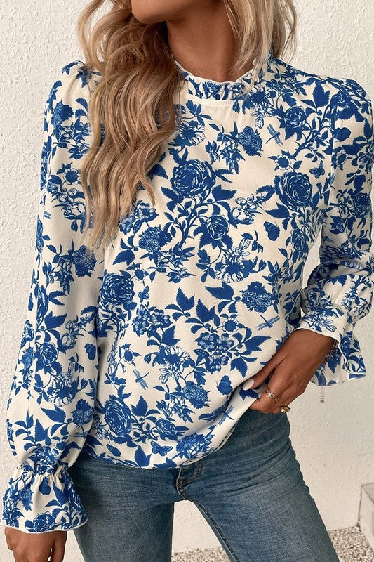 Diane- Floral Print Flounce Sleeve Keyhole Back Blouse