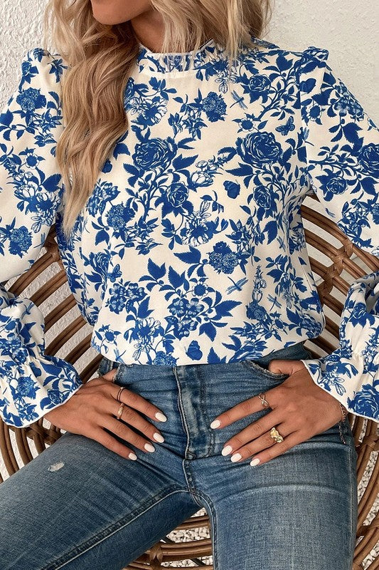 Diane- Floral Print Flounce Sleeve Keyhole Back Blouse