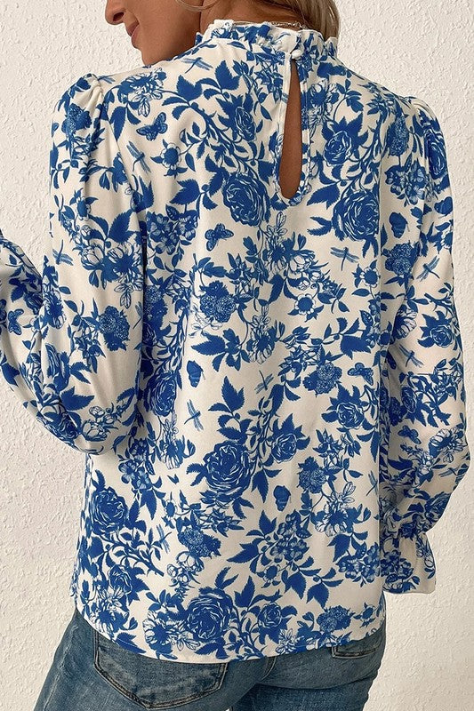 Diane- Floral Print Flounce Sleeve Keyhole Back Blouse