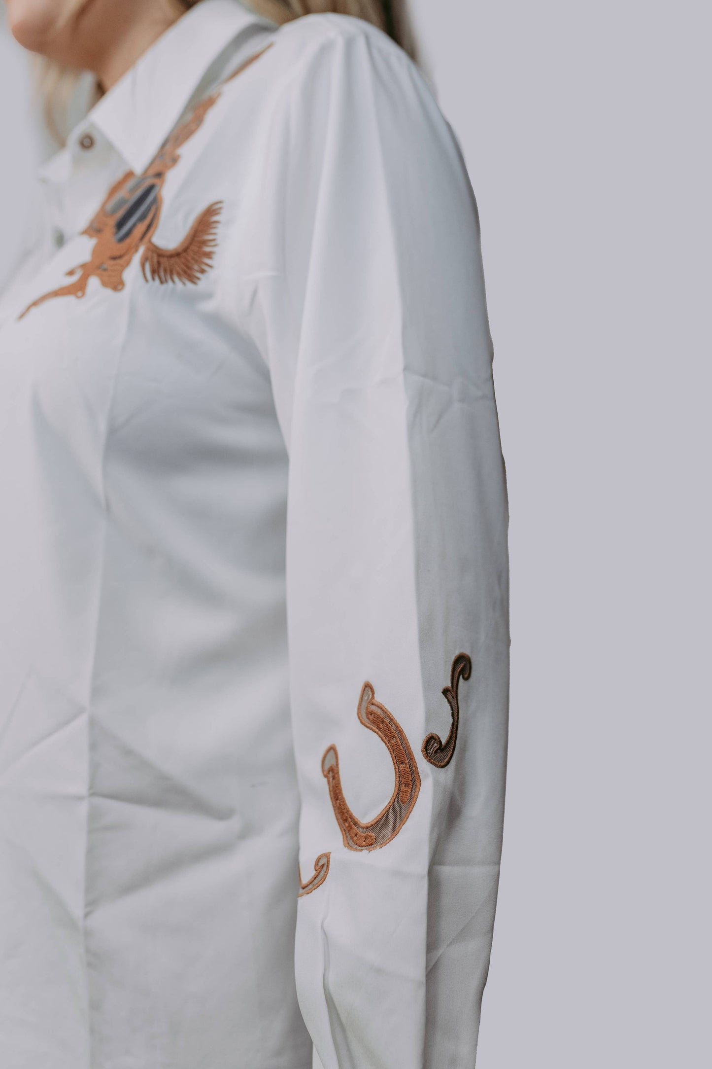 Cut Out Embroidery Pearl Snap Button Down Shirt