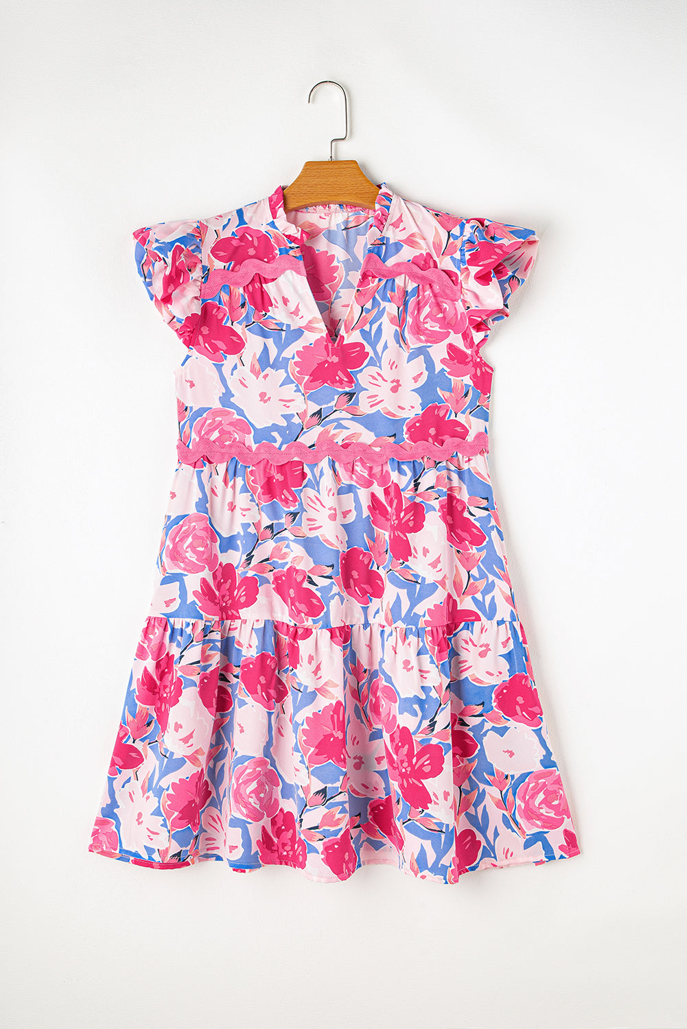 Pink Floral Printed V Notched Ric Rac Flutter Sleeve Dress ISPO