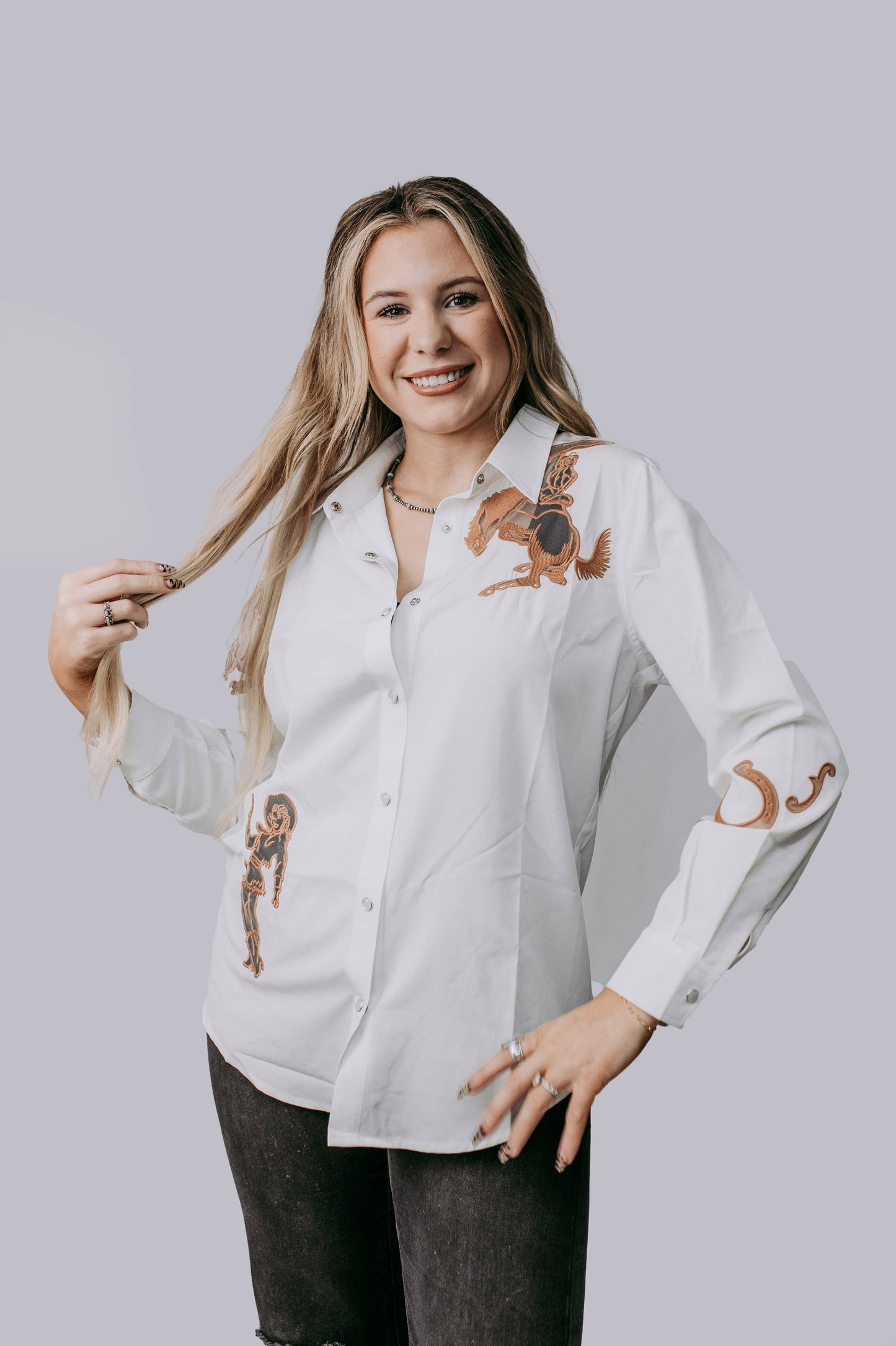 Cut Out Embroidery Pearl Snap Button Down Shirt