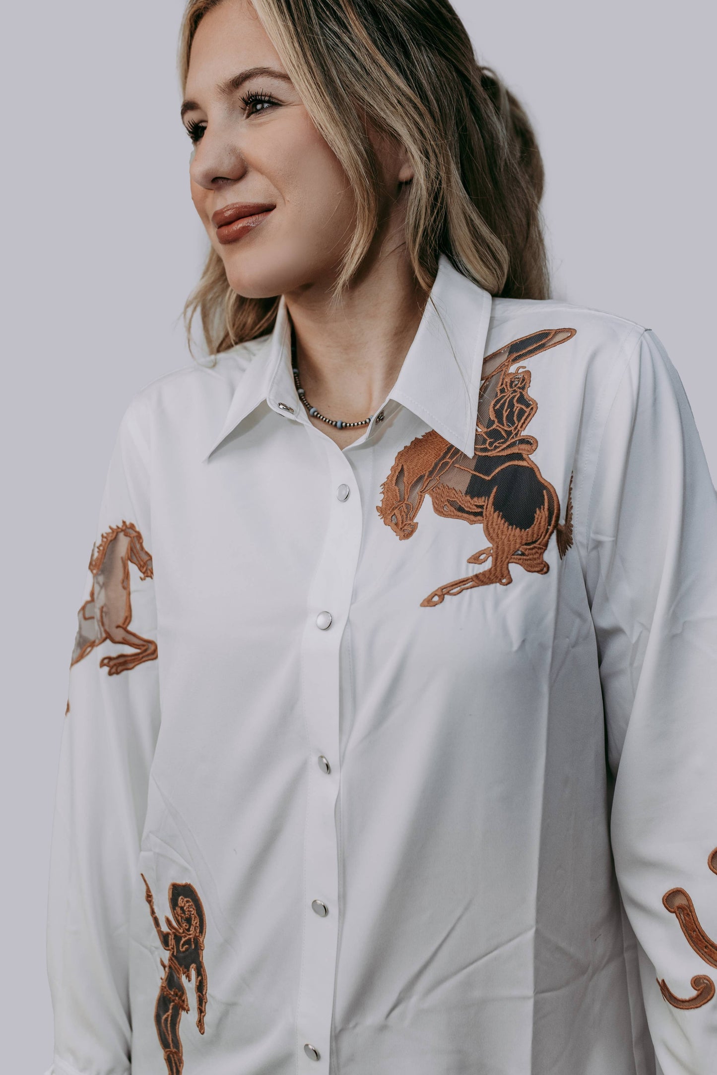 Cut Out Embroidery Pearl Snap Button Down Shirt