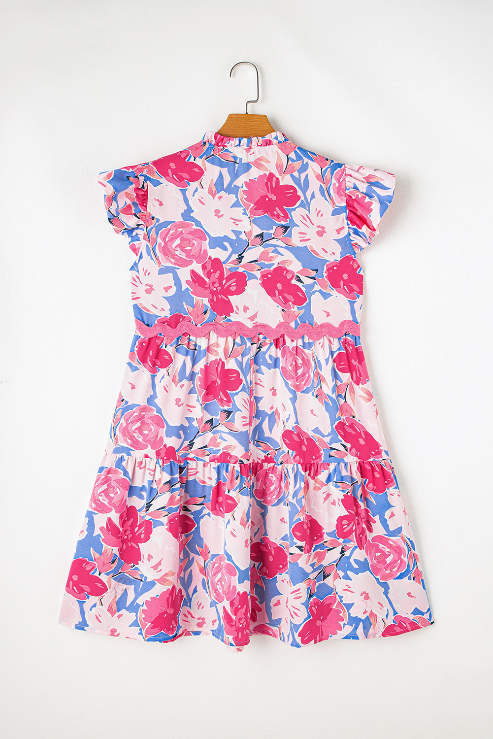 Pink Floral Printed V Notched Ric Rac Flutter Sleeve Dress ISPO