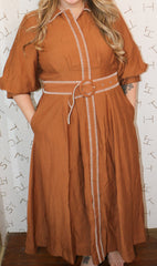 Camel Puff Sleeve Midi Dress