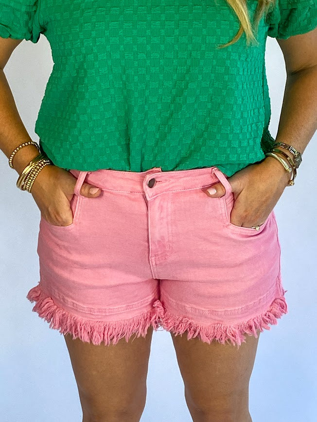 Pink Mid Rise Denim Shorts