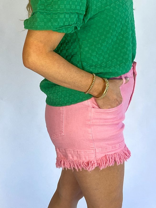 Pink Mid Rise Denim Shorts