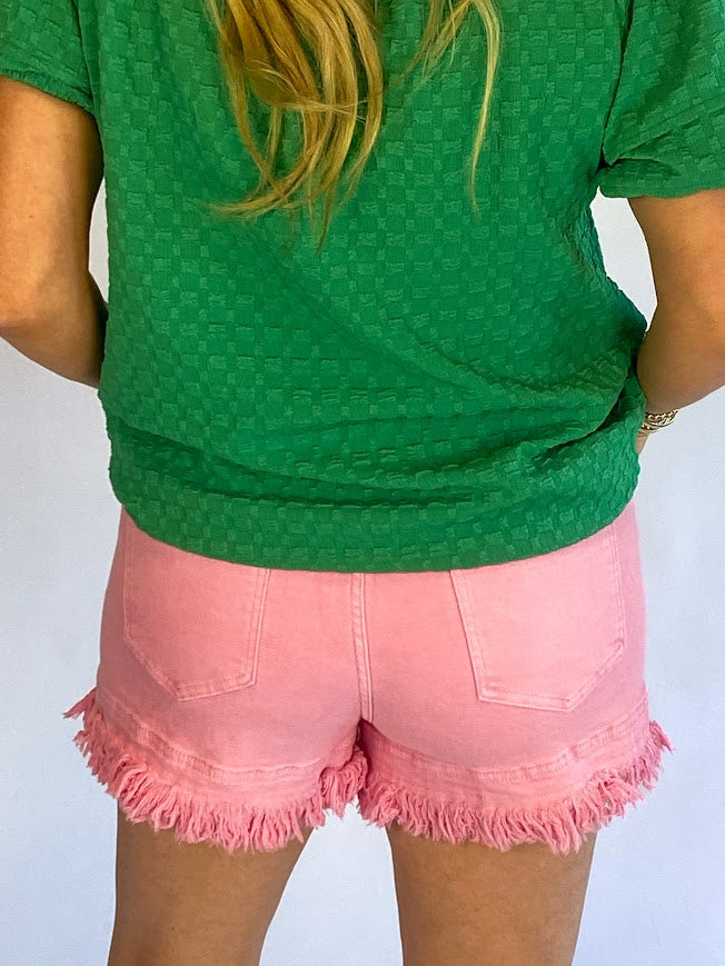 Pink Mid Rise Denim Shorts