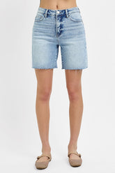 Risen High Rise-Mid Length Raw Cut Hem Shorts