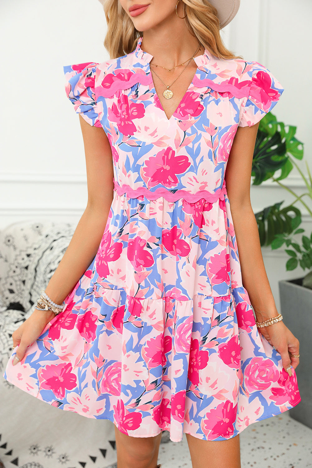 Pink Floral Printed V Notched Ric Rac Flutter Sleeve Dress ISPO