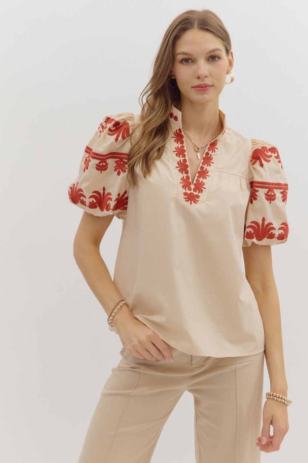 Solid V-Neck Band Collar Pullover