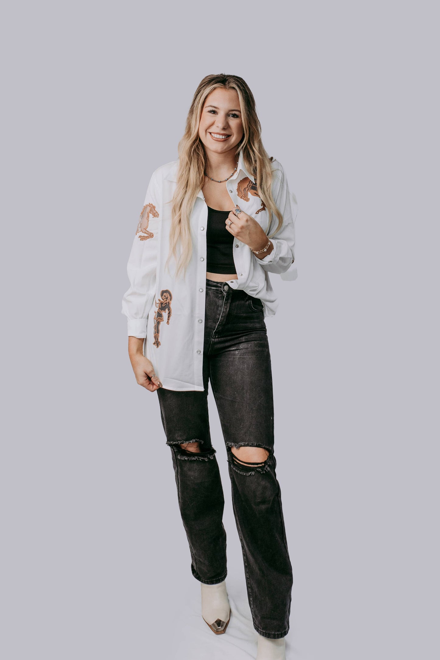 Cut Out Embroidery Pearl Snap Button Down Shirt