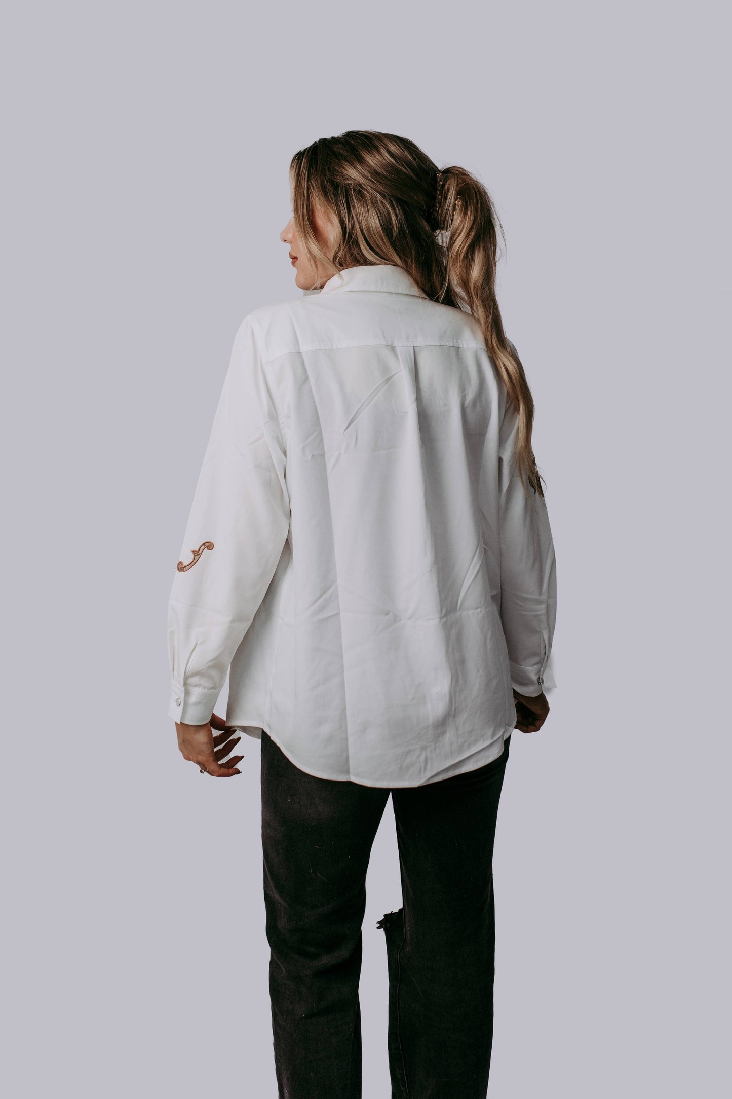 Cut Out Embroidery Pearl Snap Button Down Shirt