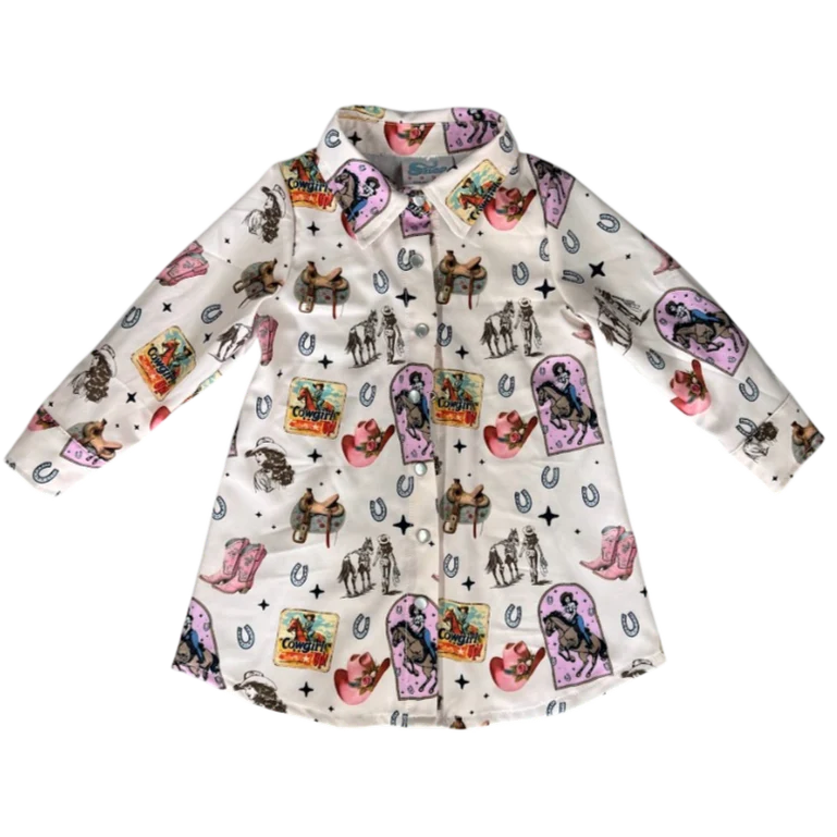 Pink Vintage Cowgirl LS Pearl Snap Dress