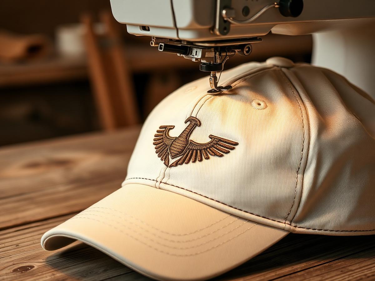 Embroidery machine stitching a logo onto a cream cap