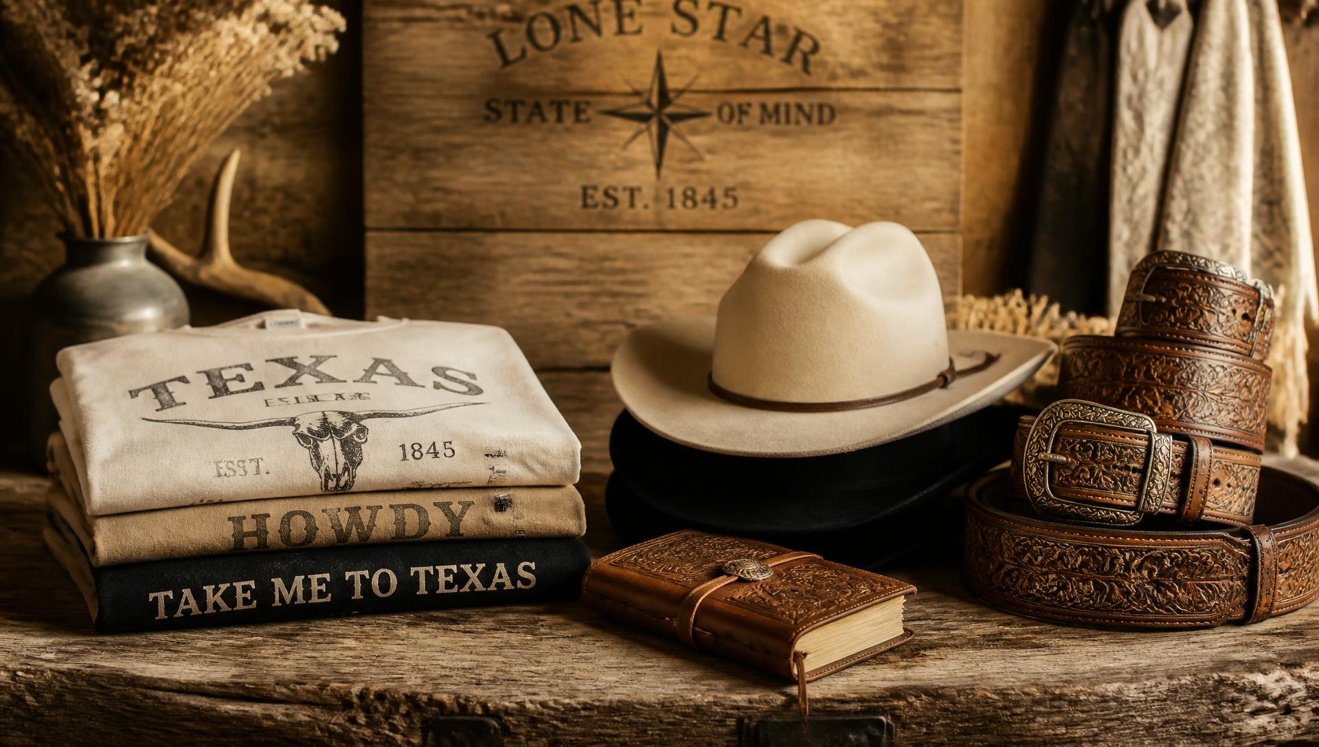 Western apparel, cowboy hats and tooled leather belts on a rustic wood table