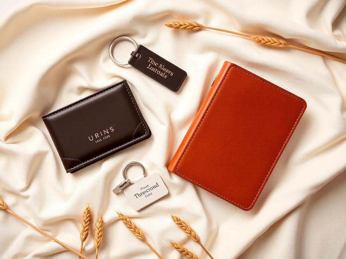 Engraved leather wallet, keychain and journal