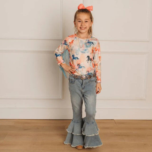 Watercolor Horse LS Fringe Shirt
