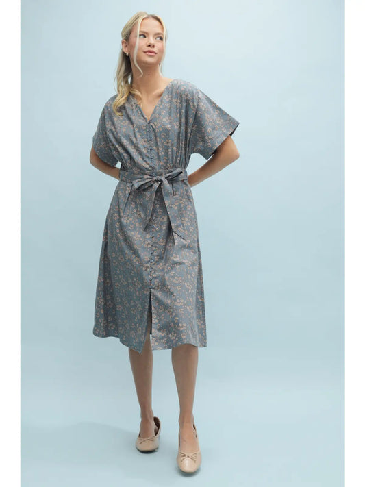 Floral Belted Midi Dress with Slit