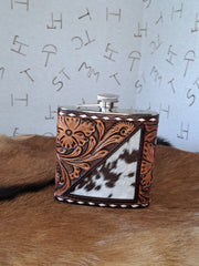 16 oz Flask- Tooled Leather with Corner Cowhide