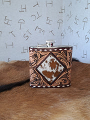 16 oz Flask- Tooled Leather with Diamond Cowhide 1