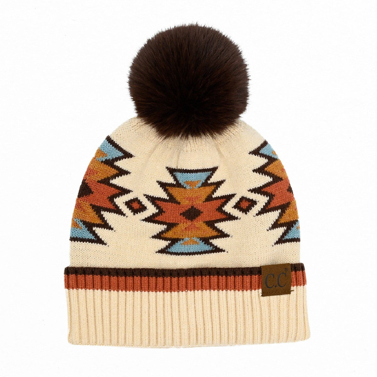 South Western Pattern Faux Fur Pom Beanie