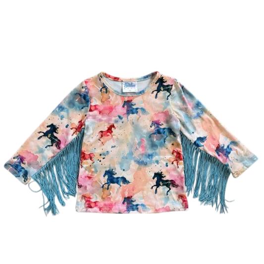 Watercolor Horse LS Fringe Shirt