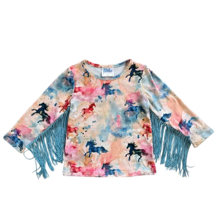 Watercolor Horse LS Fringe Shirt