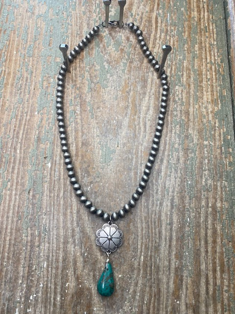 Sally Necklace: Silver bead with Turquoise Tear Drop