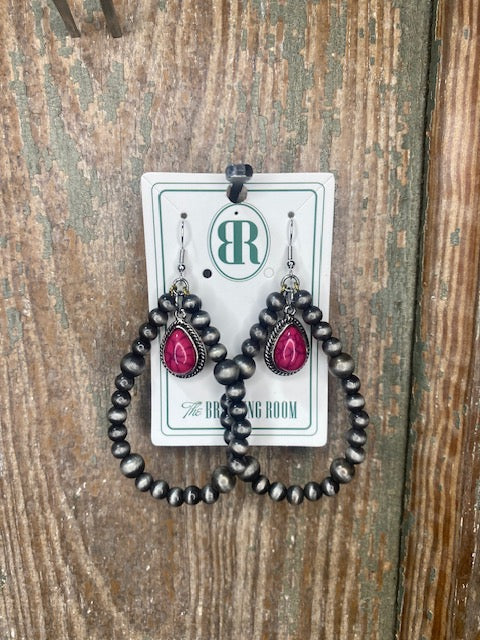 Earrings: Silever Hoop Pink Teardrop