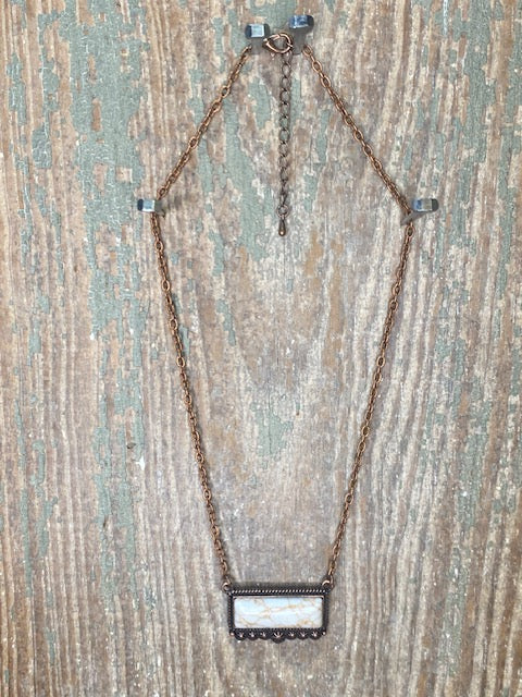 White Stone Bar Necklace Bronze