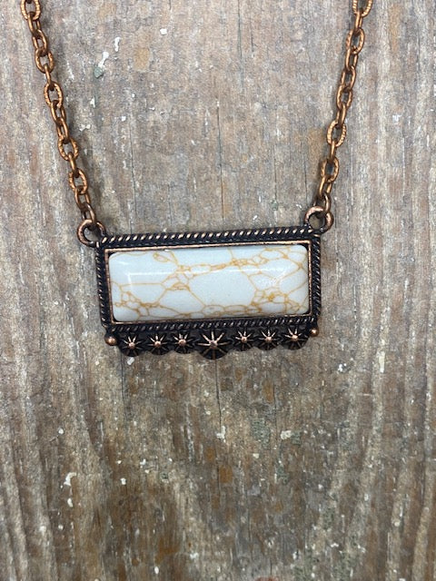White Stone Bar Necklace Bronze