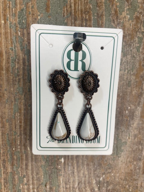 White Stone Bronze Tear Drop Earrings
