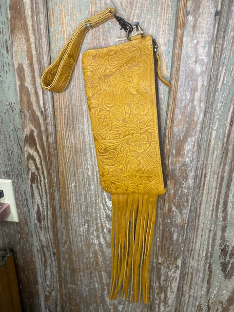 Mustard Tooled Leather Medium Wristlet with Fringe 4.0