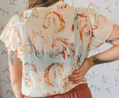 Ivory Horse Head Flutter Sleeve Blouse