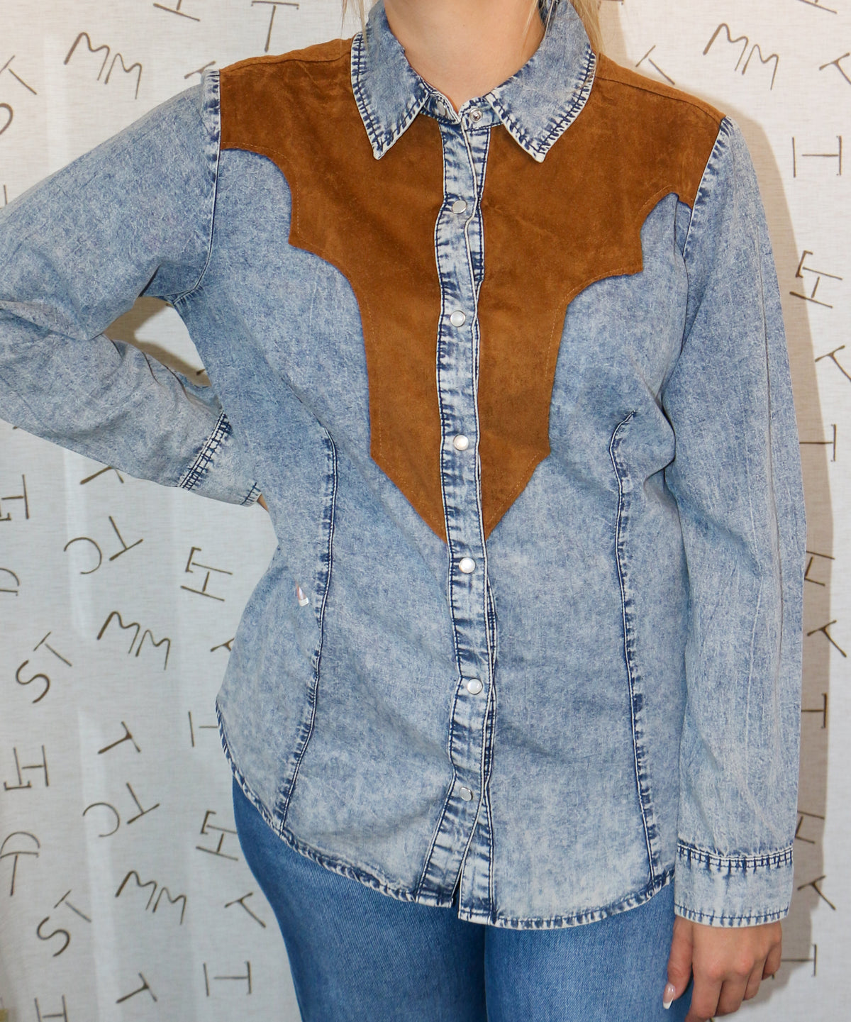 Denim Pearl Snap Button Up Shirt