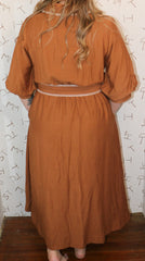 Camel Puff Sleeve Midi Dress
