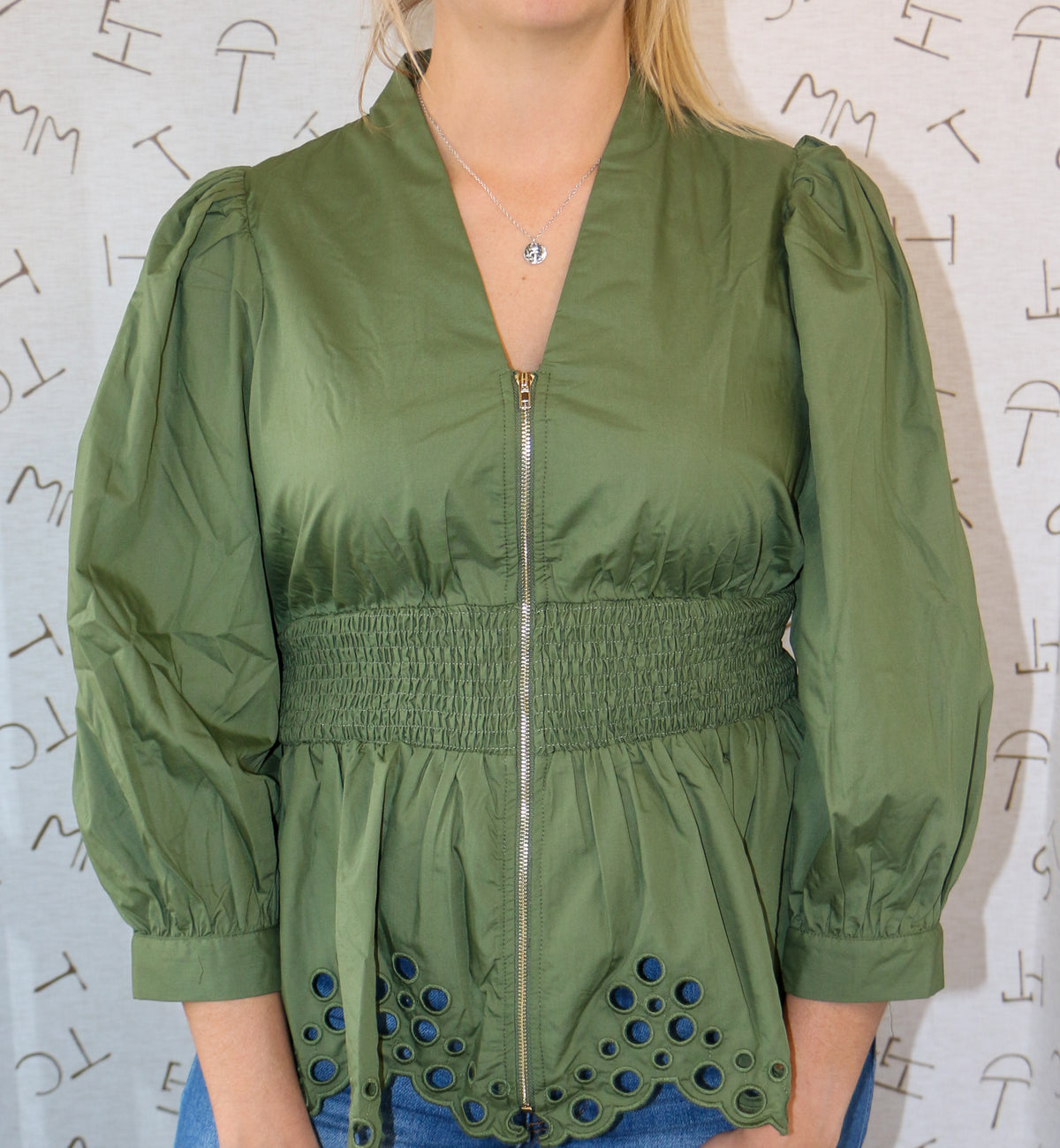 Olive Long Sleeve Eyelet Top