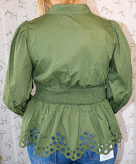 Olive Long Sleeve Eyelet Top