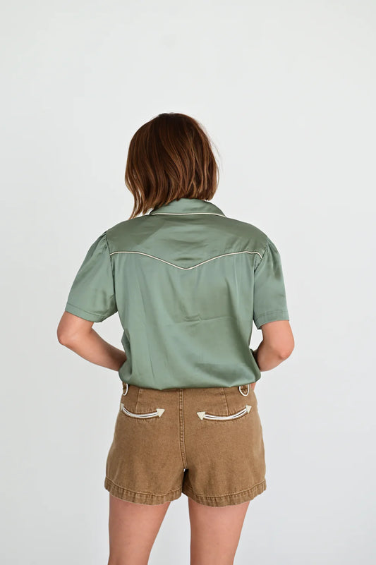 Sage Satin SS Arrow Pearl Snap