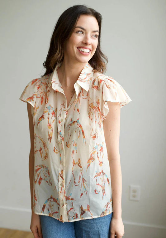 Ivory Horse Head Flutter Sleeve Blouse
