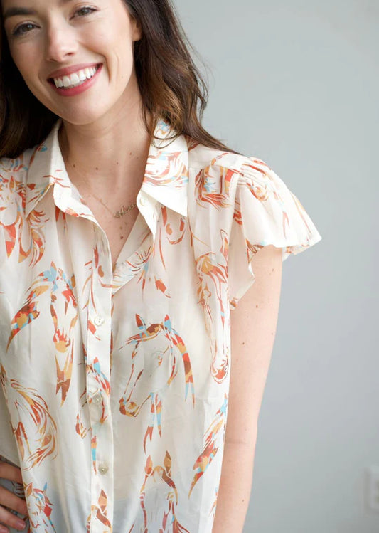 Ivory Horse Head Flutter Sleeve Blouse