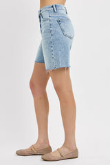 Risen High Rise-Mid Length Raw Cut Hem Shorts