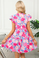 Pink Floral Printed V Notched Ric Rac Flutter Sleeve Dress ISPO