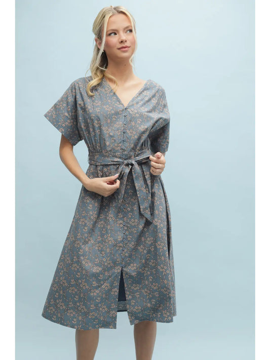 Floral Belted Midi Dress with Slit