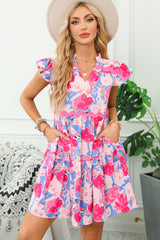 Pink Floral Printed V Notched Ric Rac Flutter Sleeve Dress ISPO